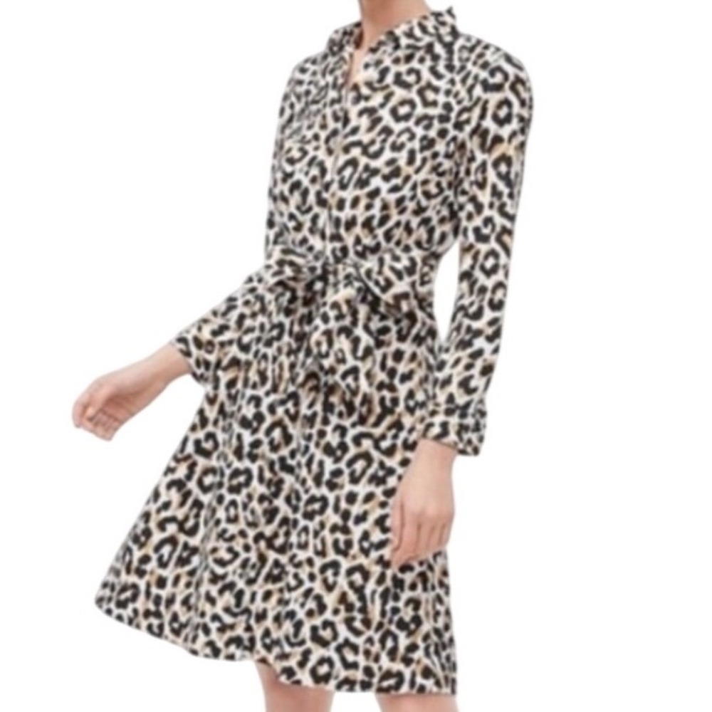 NWT J.Crew Womens Leopard Print Tie Waist Cotton Shirt Dress Long Sleeve Size 0